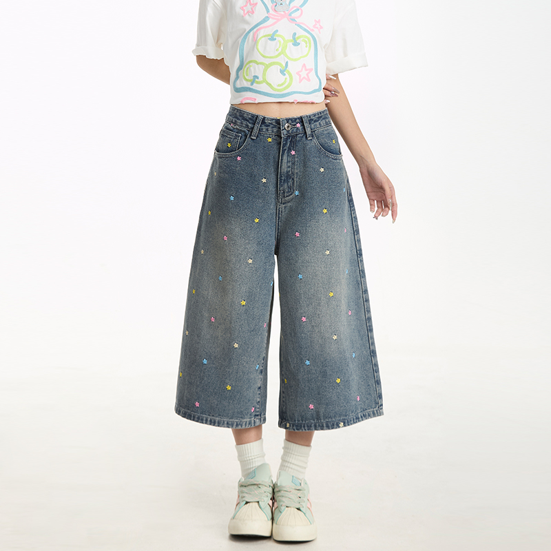 夏季藍色七分褲女美式復古做舊水洗寬鬆休閒顯瘦牛仔短褲