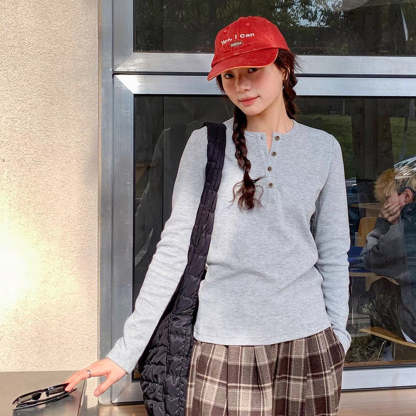 基礎款百搭春華夫格長袖打底衫女正肩小個子純棉上衣
