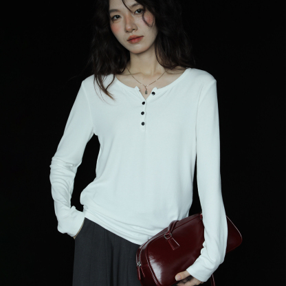 半開領通勤簡約顯瘦小眾長袖t恤女設計感彈力秋新款上衣