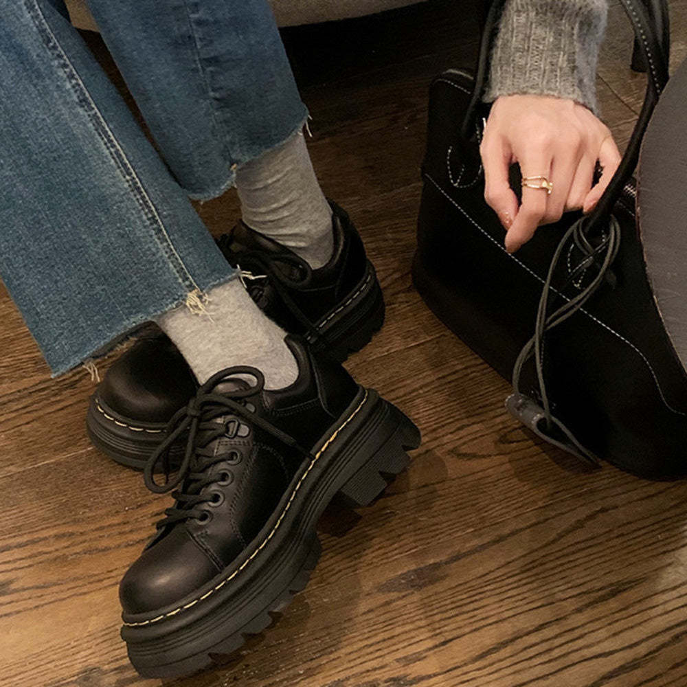 經典英倫風系帶圓頭百搭單鞋低跟德比小皮鞋女