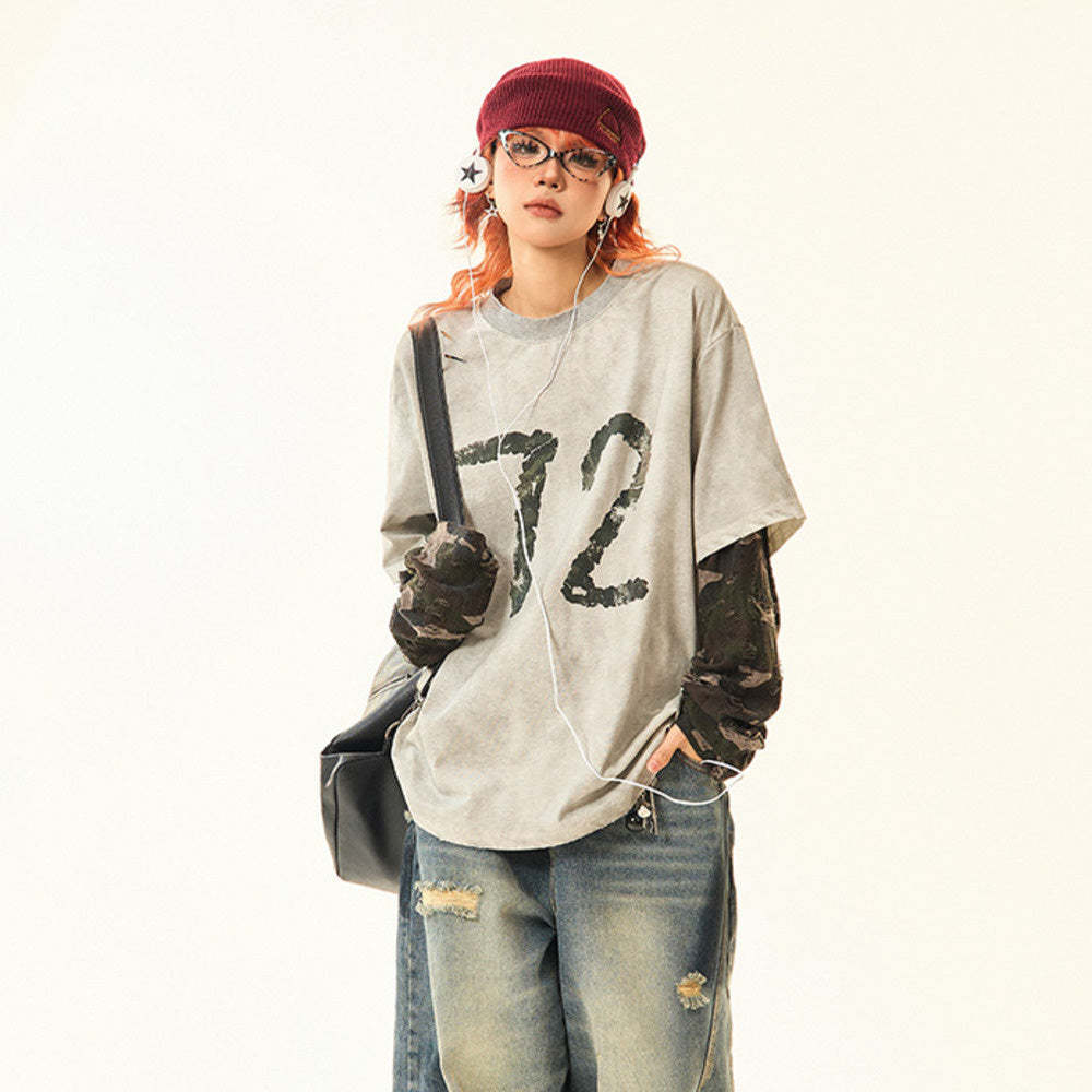 美式復古做舊迷彩假兩件長袖T恤女vintage設計感早秋上衣