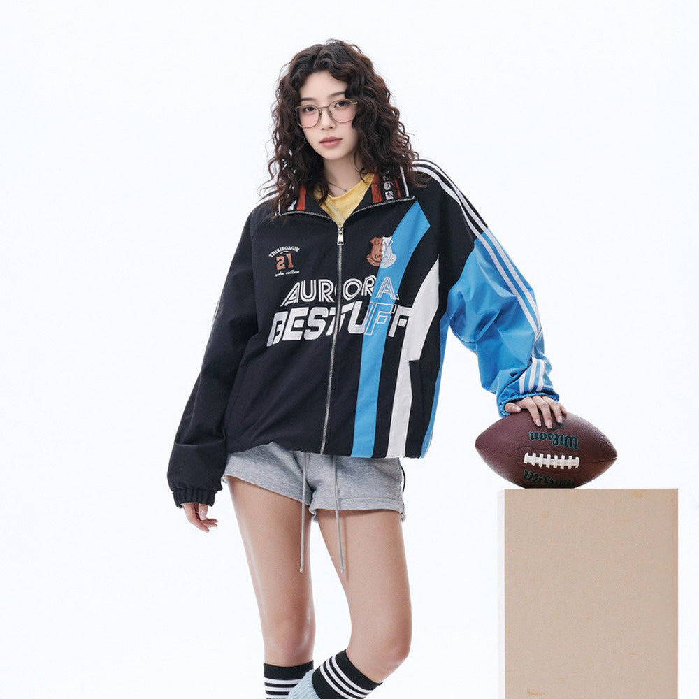 復古拼色運動外套女春季2025新款美式印花夾克寬鬆條紋設計感上衣