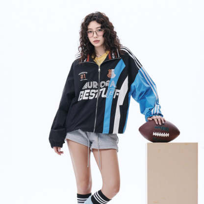 復古拼色運動外套女春季2025新款美式印花夾克寬鬆條紋設計感上衣