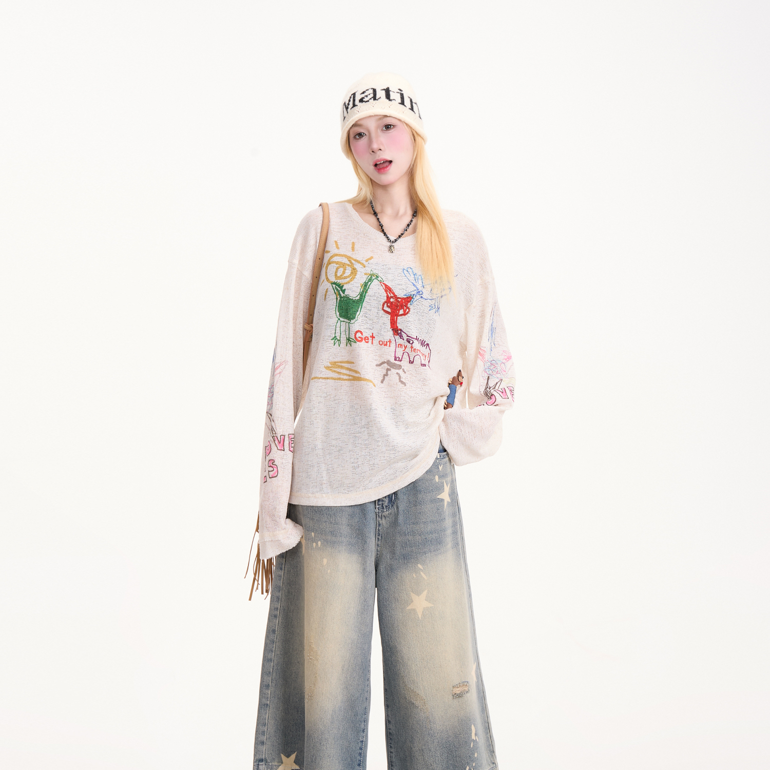 創意卡通塗鴉長袖T恤女美式潮牌寬鬆慵懶輕薄休閒防曬罩衫