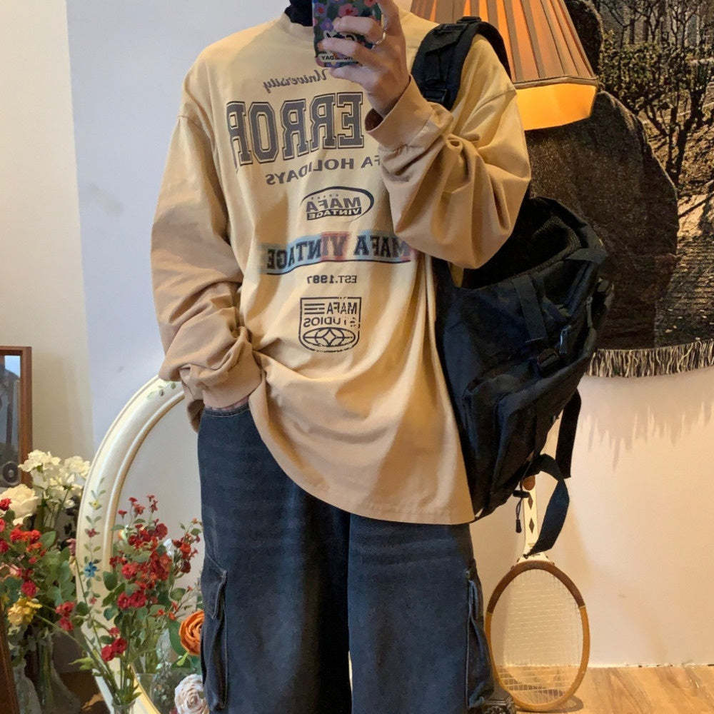 美式復古水洗染色做舊長袖T恤薄款潮牌寬鬆慵懶打底衫上衣