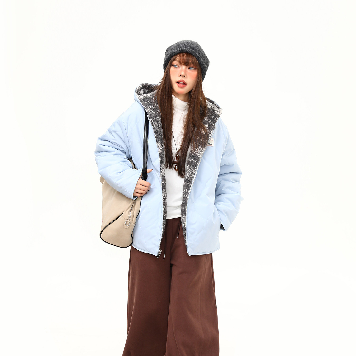 冬季復古費爾島羊羔絨雙面穿棉服女寬鬆氛圍感加厚外套