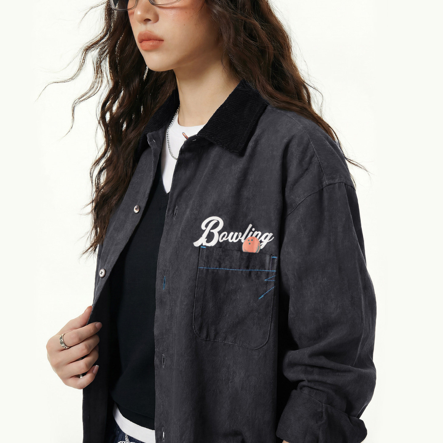 黑色復古桃皮絨古巴領襯衫印花外套長袖上襯衣內搭疊穿女士春