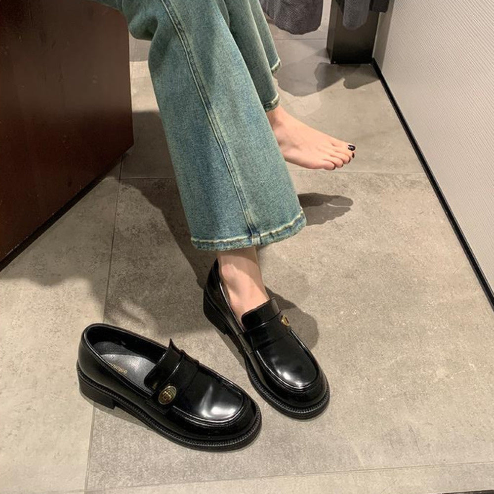 春季新款英倫復古圓頭厚底金扣牛皮懶人樂福單鞋女棕色小皮鞋