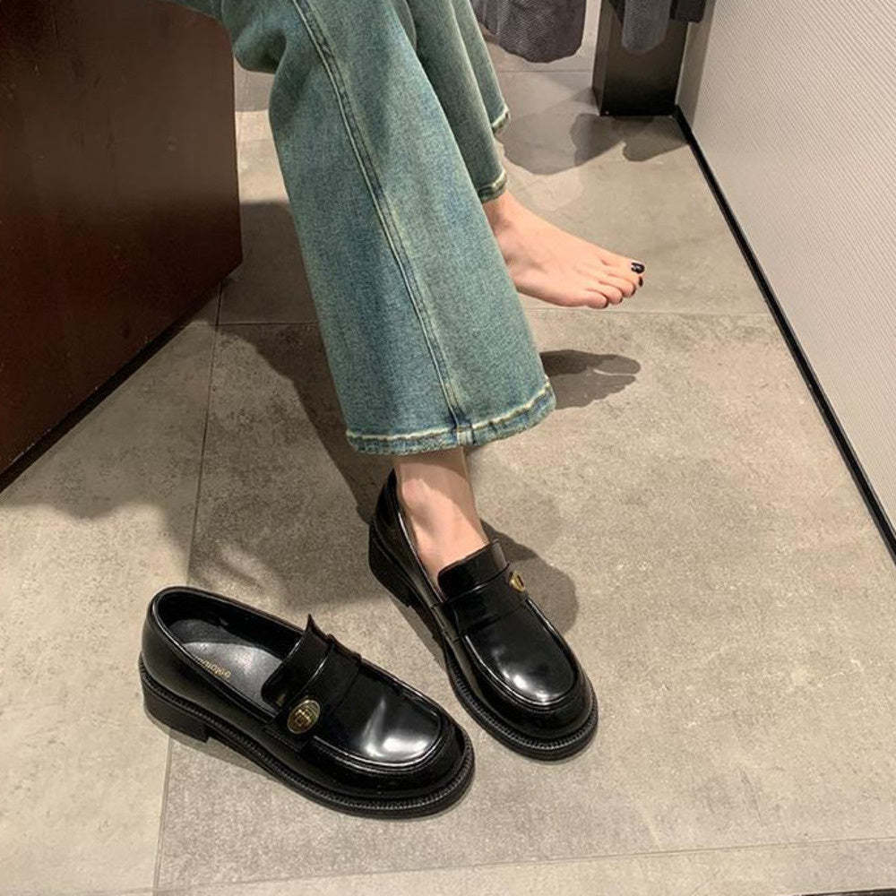 春季新款英倫復古圓頭厚底金扣牛皮懶人樂福單鞋女棕色小皮鞋