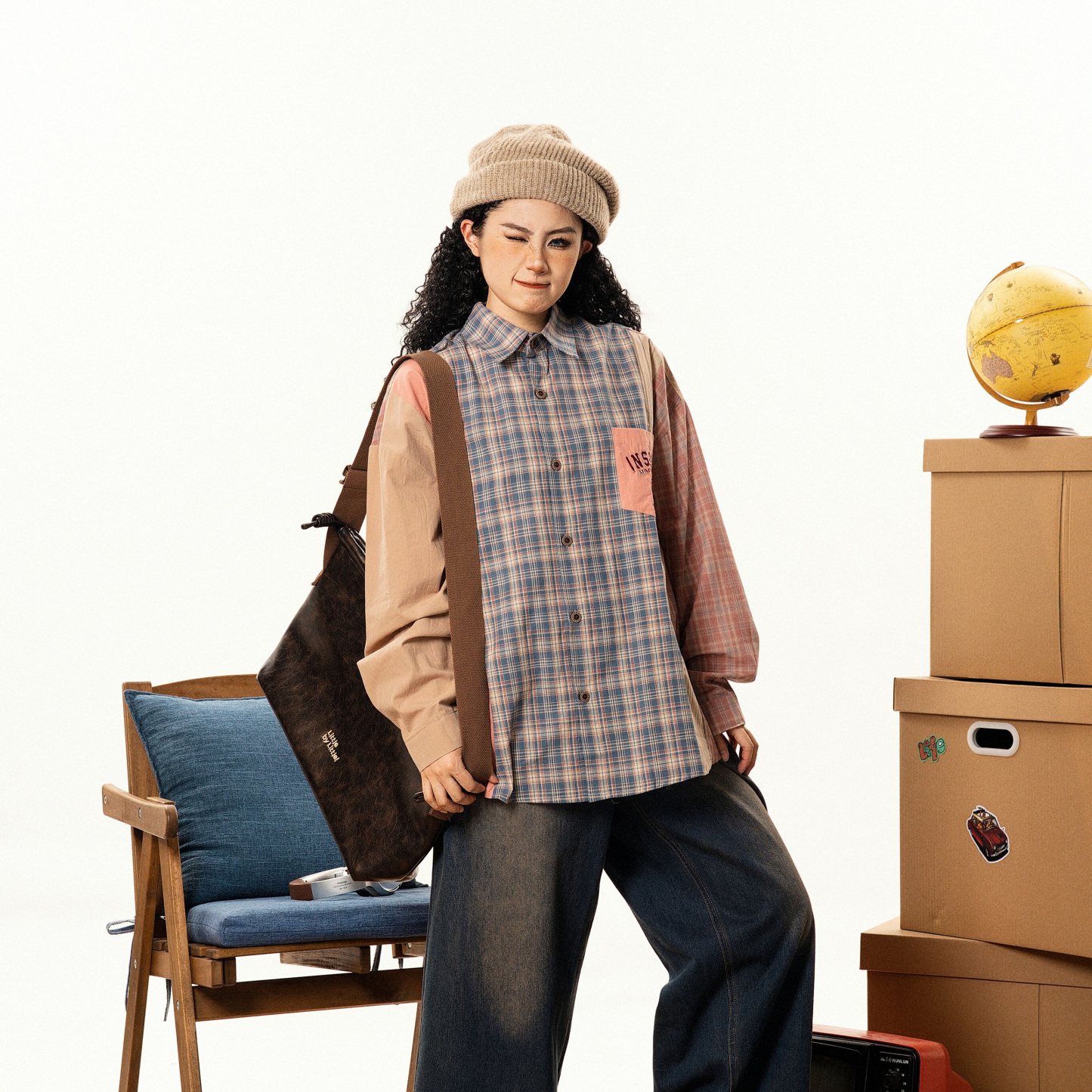 美式復古撞色格子長袖襯衫男女寬鬆小眾設計感古著襯衣