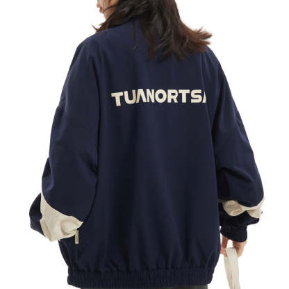 美式復古撞色拉鍊休閒收腰運動外套夾克女春秋