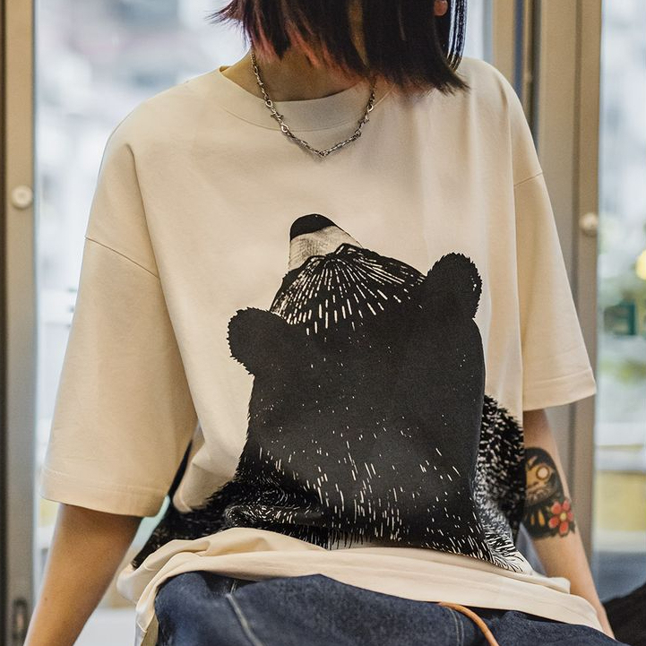 oversize慵懶小熊插畫圓領T恤日系小眾設計顯瘦落肩短袖夏女