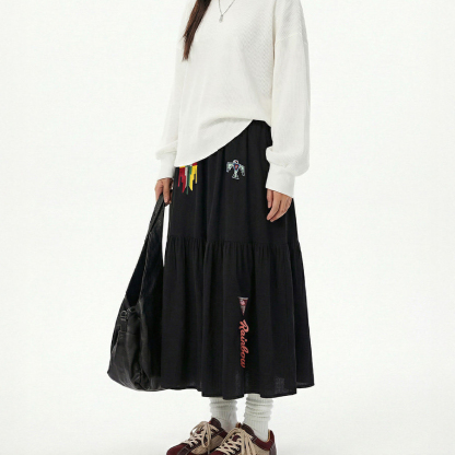 黑色復古鬆緊腰刺繡花A字過膝大裙擺半身長裙拼接裙子女士春