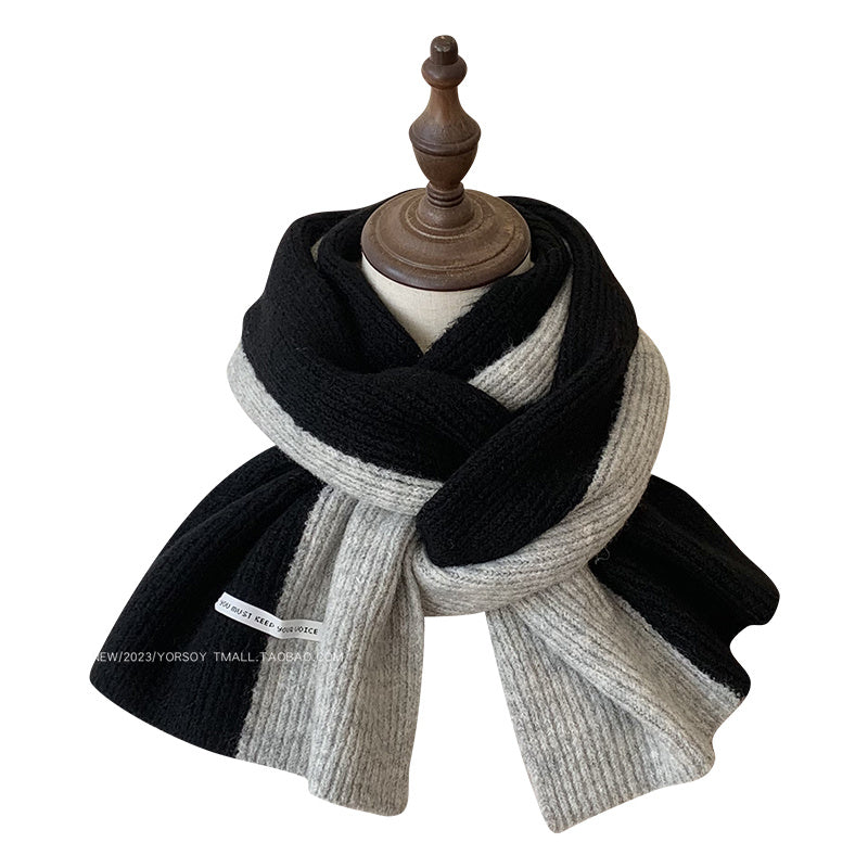 含羊毛拼色圍巾女冬季復古深灰色保暖加厚針織毛線高級感圍脖