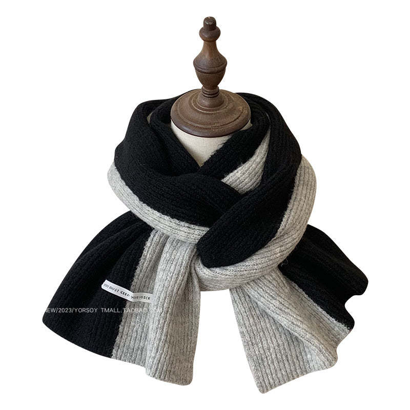 含羊毛拼色圍巾女冬季復古深灰色保暖加厚針織毛線高級感圍脖