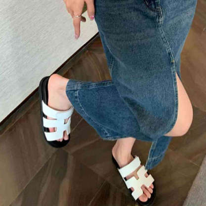 真皮魔術貼休閒厚底H拖鞋女涼拖外穿夏