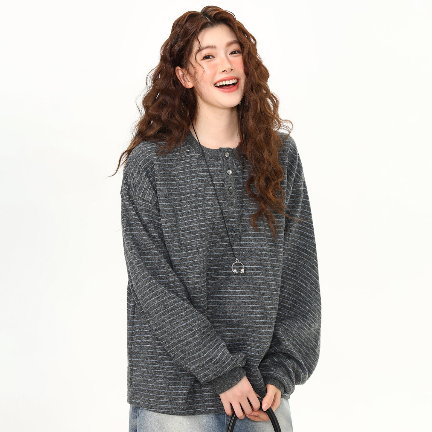 春季新款復古亨利領套頭條紋長袖衛衣女羊毛混紡高級感