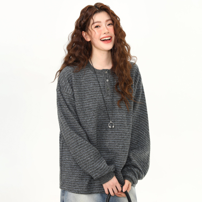 春季新款復古亨利領套頭條紋長袖衛衣女羊毛混紡高級感