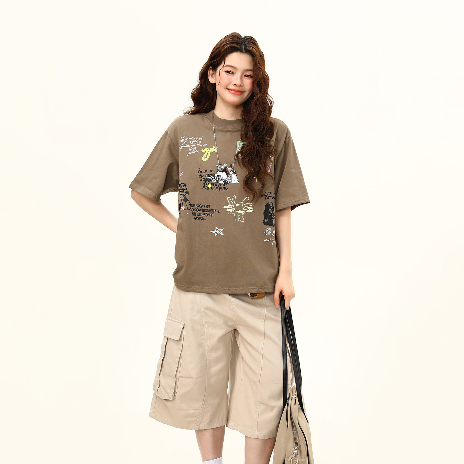 夏季新款美式復古印花休閒百搭短袖T恤女圓領上衣