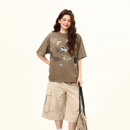 夏季新款美式復古印花休閒百搭短袖T恤女圓領上衣