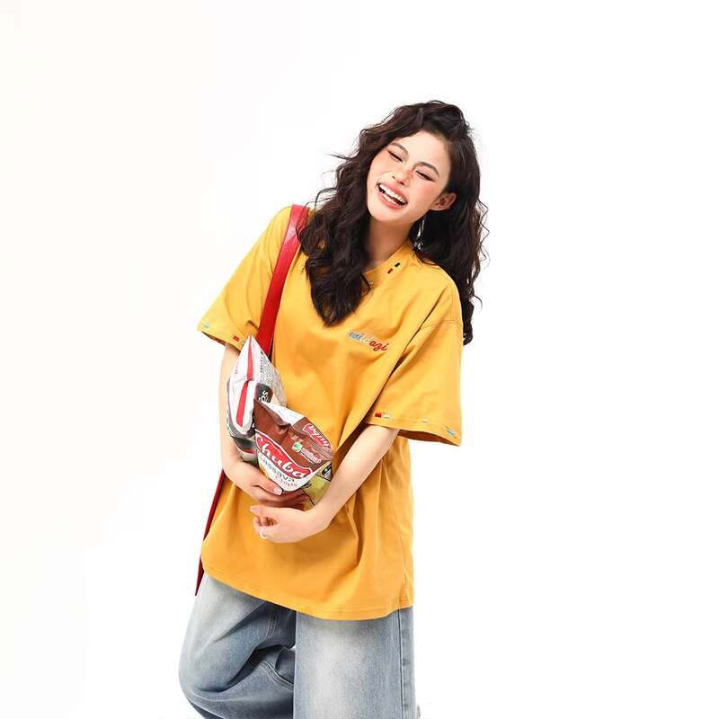 美式復古國風彩虹刺繡夏季凉感短袖T恤女寬鬆百搭