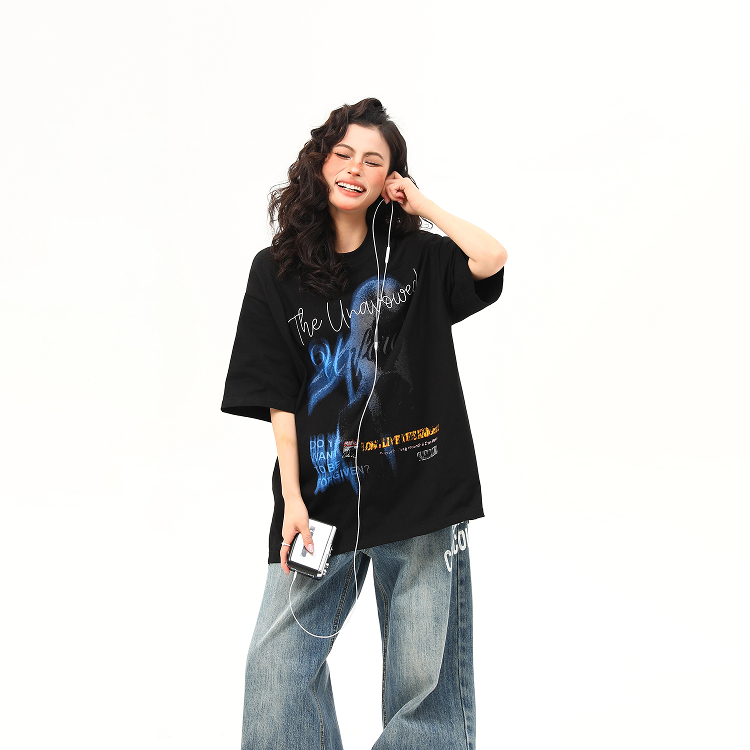美式復古街頭設計感印花短袖T恤女夏季寬鬆百搭tee