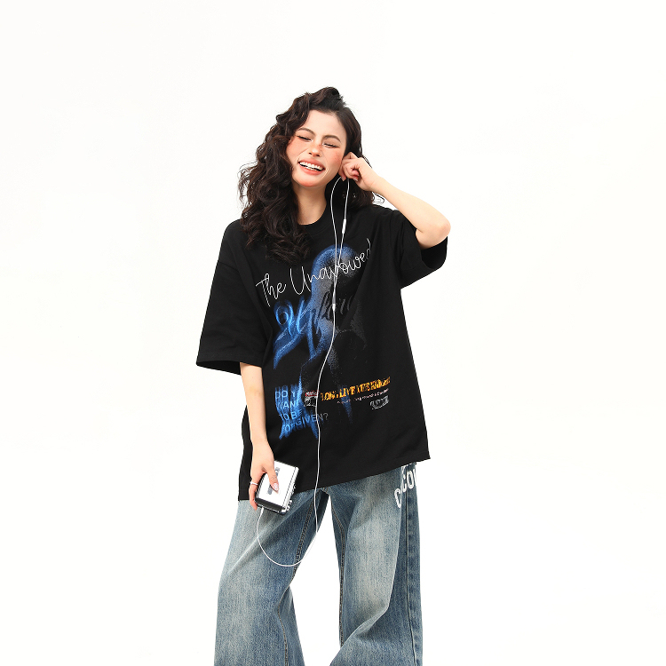 美式復古街頭設計感印花短袖T恤女夏季寬鬆百搭tee