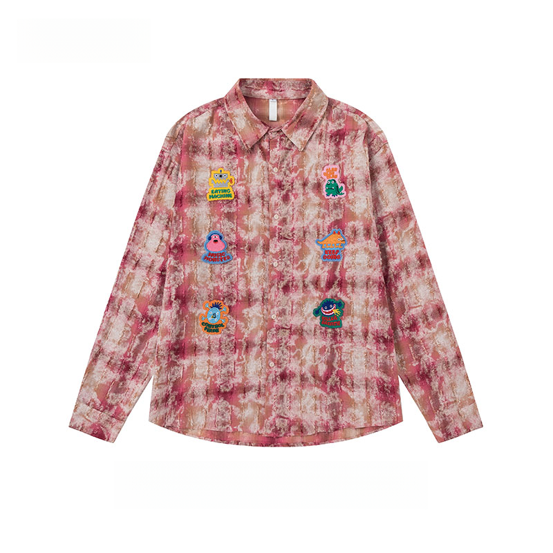 美式復古貼布刺繡卡通長袖襯衫女小香風磨毛上衣