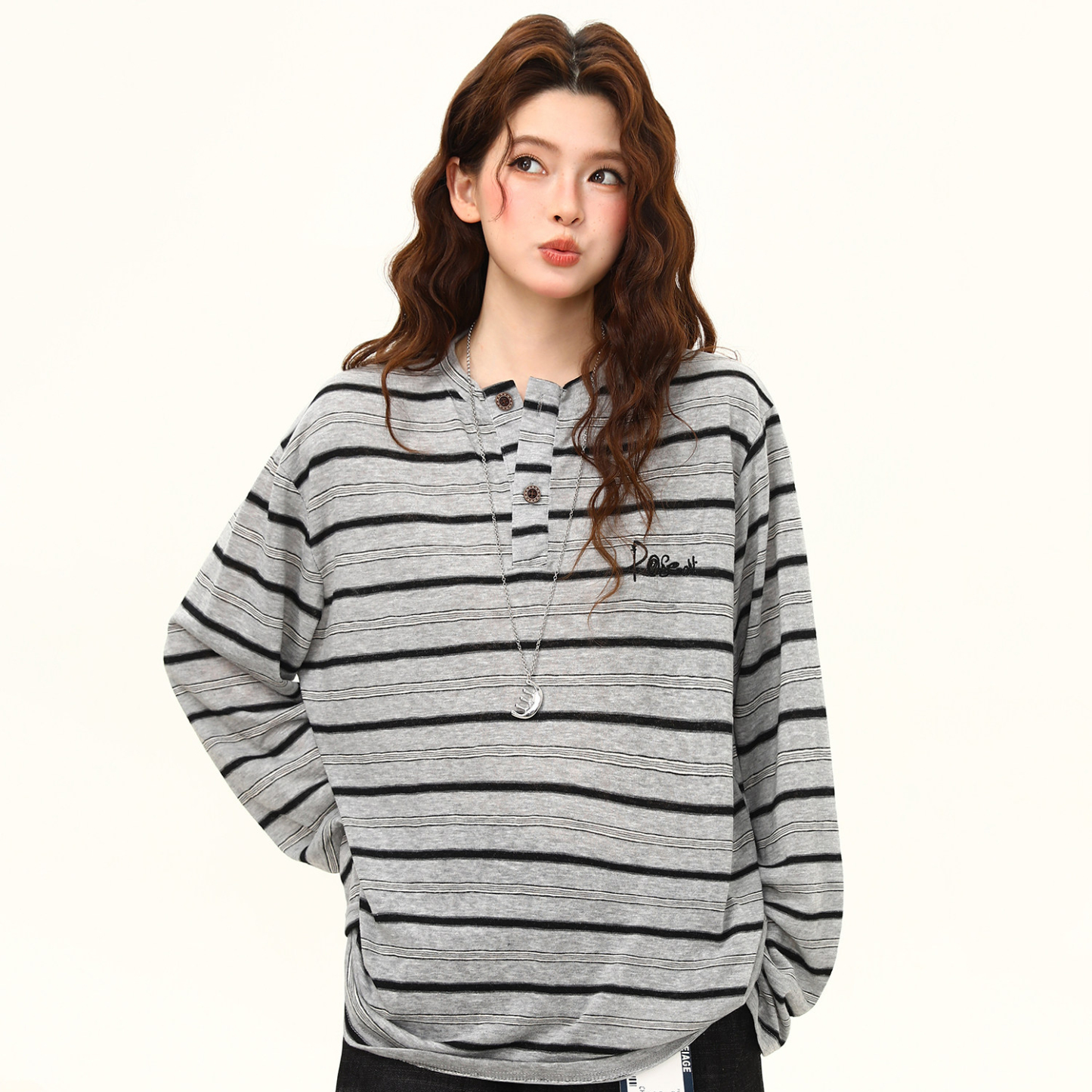 美式復古亨利領條紋長袖T恤女夏季學院風寬鬆百搭上衣