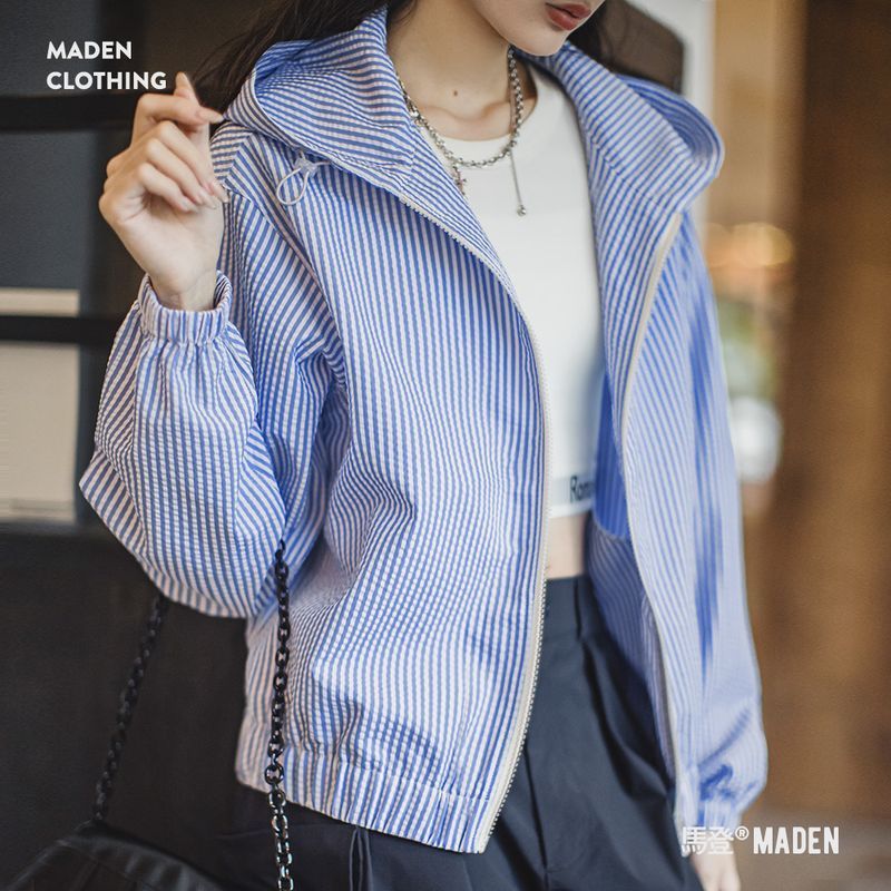 藍白條紋海邊度假風夾克淺春系泡泡條襯衫外套早春慵懶上衣女