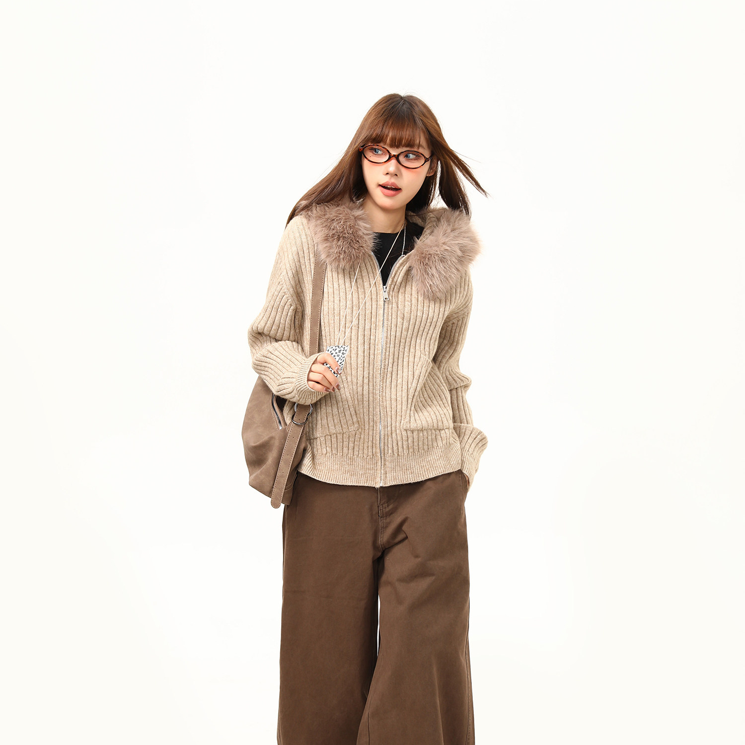 韓系可拆卸毛領連帽毛衣女秋冬氣質顯瘦針織開衫外套上衣