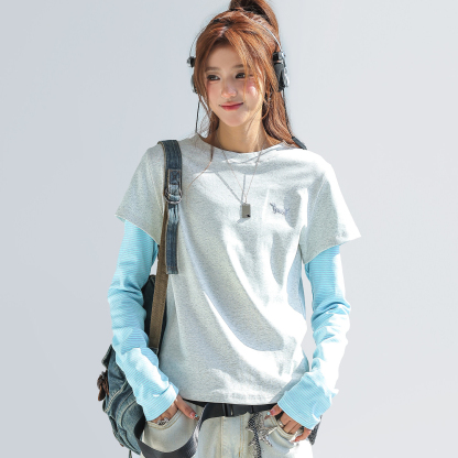 韓系臘腸狗條紋拼接假兩件長袖t恤女正肩修身上衣短