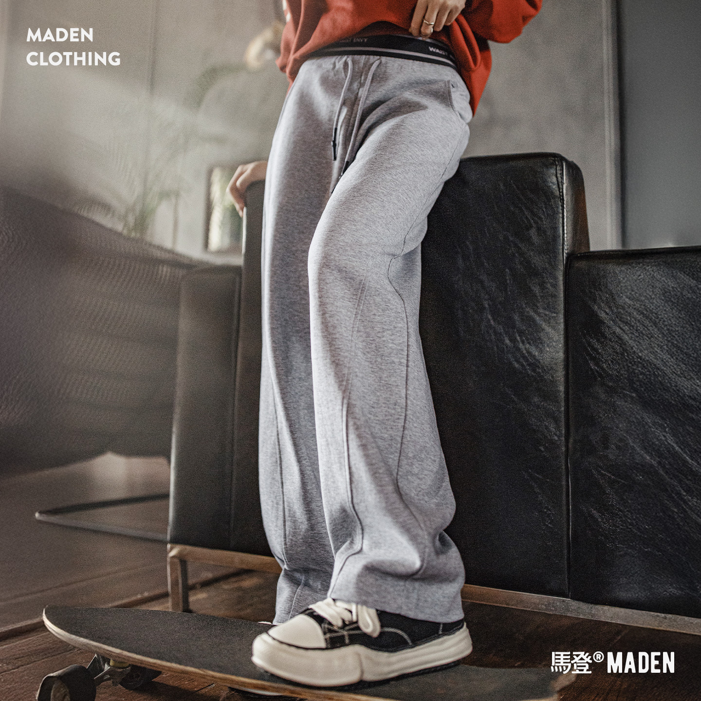 花灰撞色雙腰頭假兩件抽繩直筒香蕉鐮彎刀休閒運動衛褲女士秋