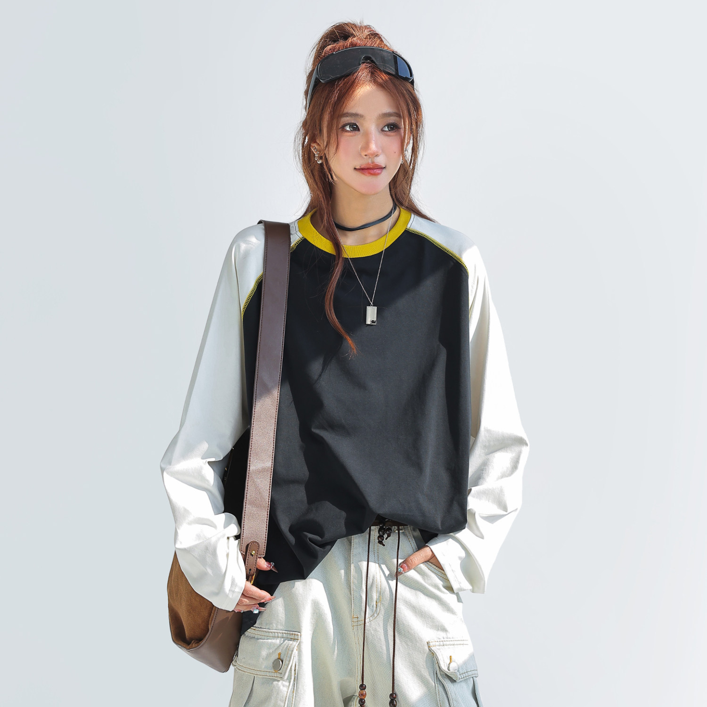 索羅娜撞色拼接插肩長袖上衣女內搭可外穿打底衫t恤