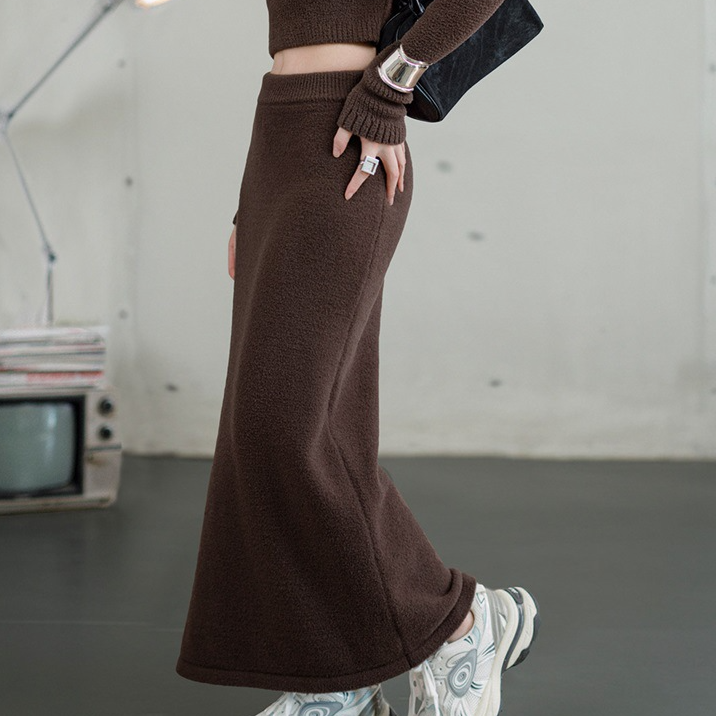 馬登女裝 美式針織半身裙設計感修身顯瘦開叉包臀裙A字一步長裙秋季女