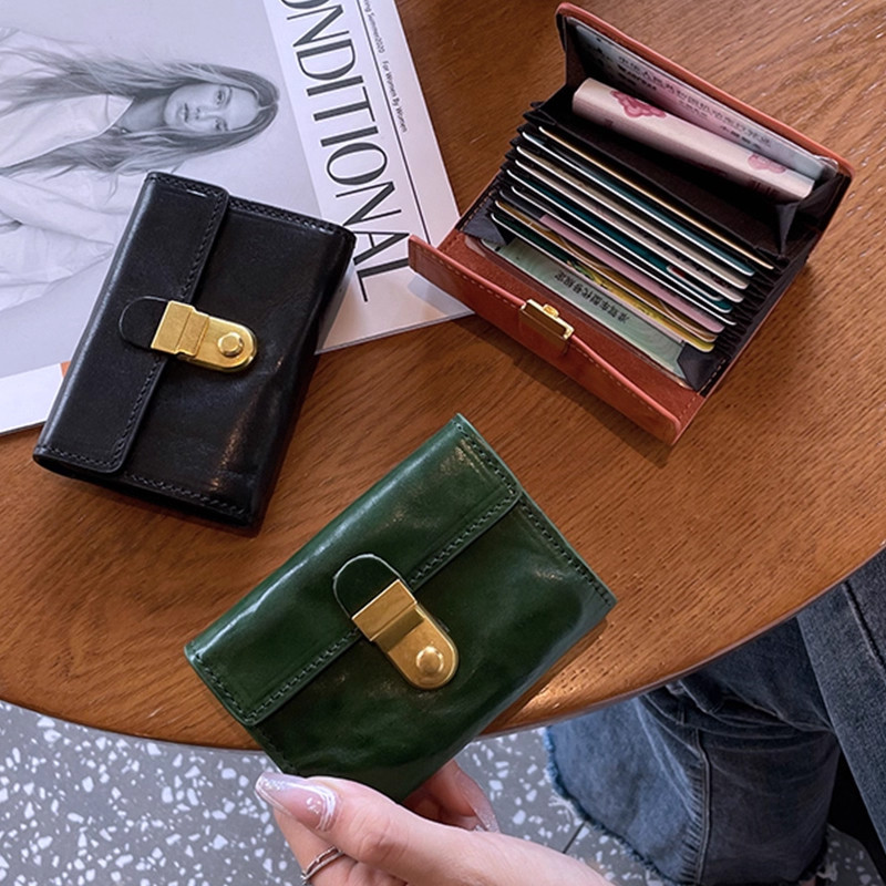 復古大容量風琴卡包皮質新款銀行卡夾女士油蠟皮多卡位精緻零錢包