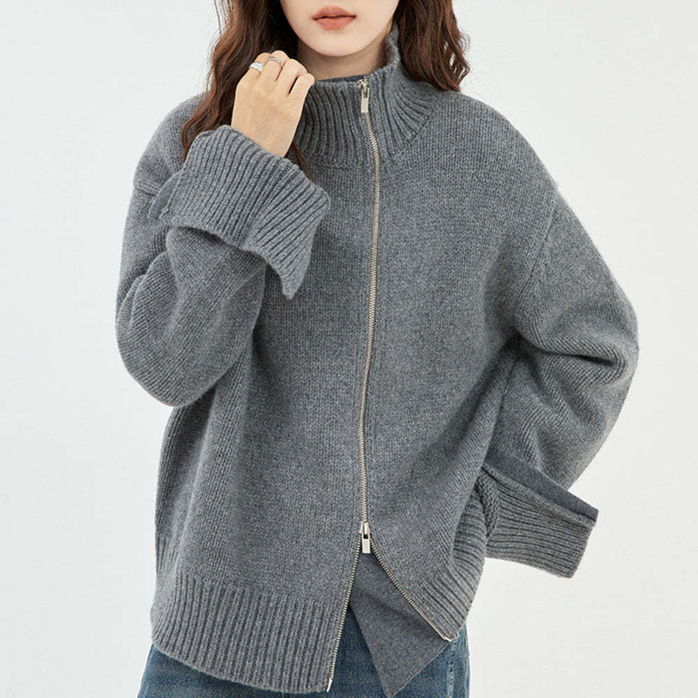 高級感通勤慵懶加厚針織毛衣開衫女高領灰色寬鬆套頭上衣
