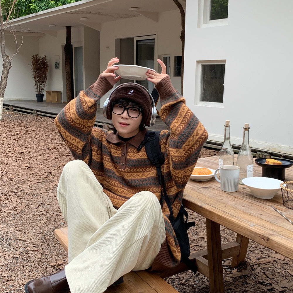 日系復古民族風翻領POLO針織衫寬鬆套頭毛衣保暖休閒上衣