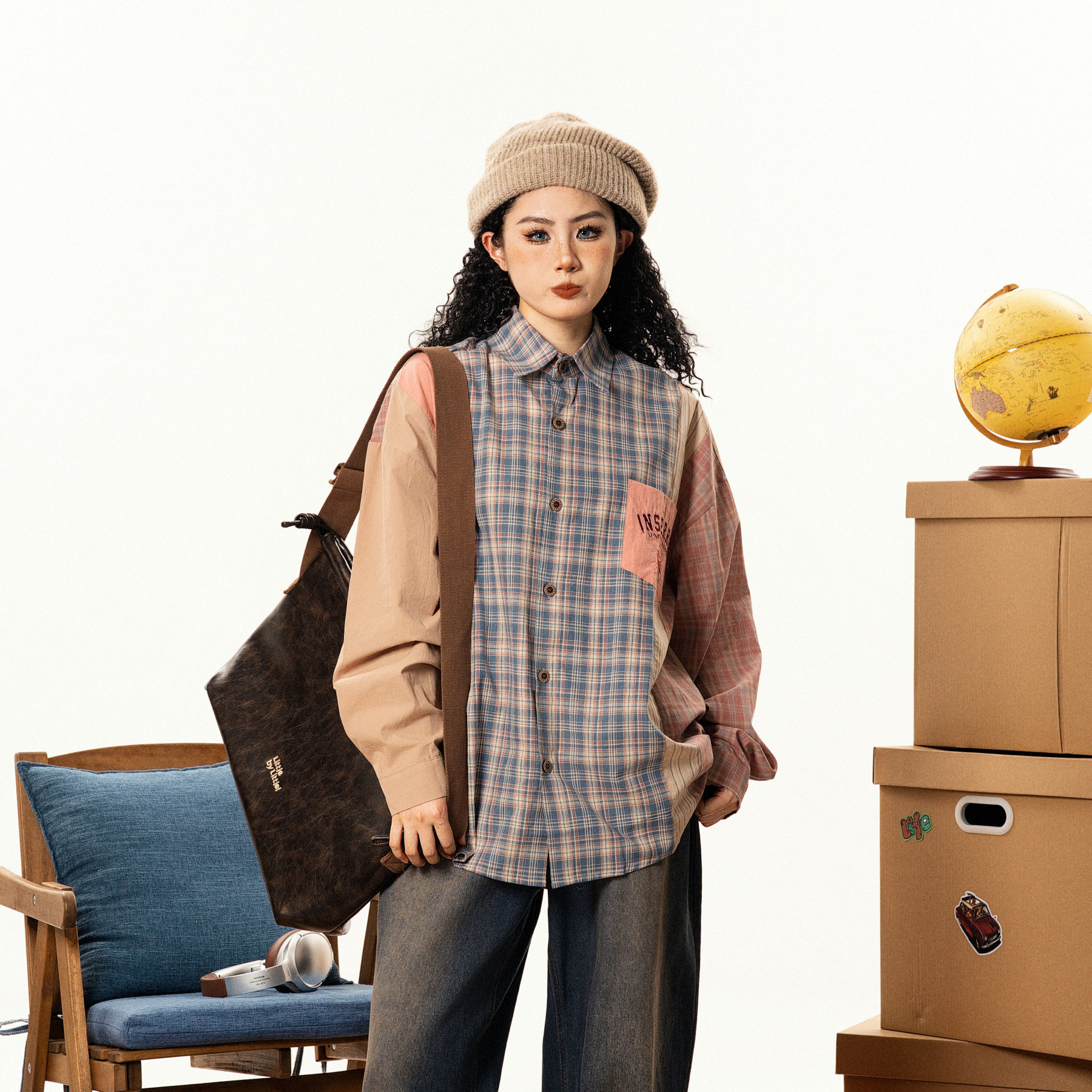 美式復古撞色格子長袖襯衫男女寬鬆小眾設計感古著襯衣