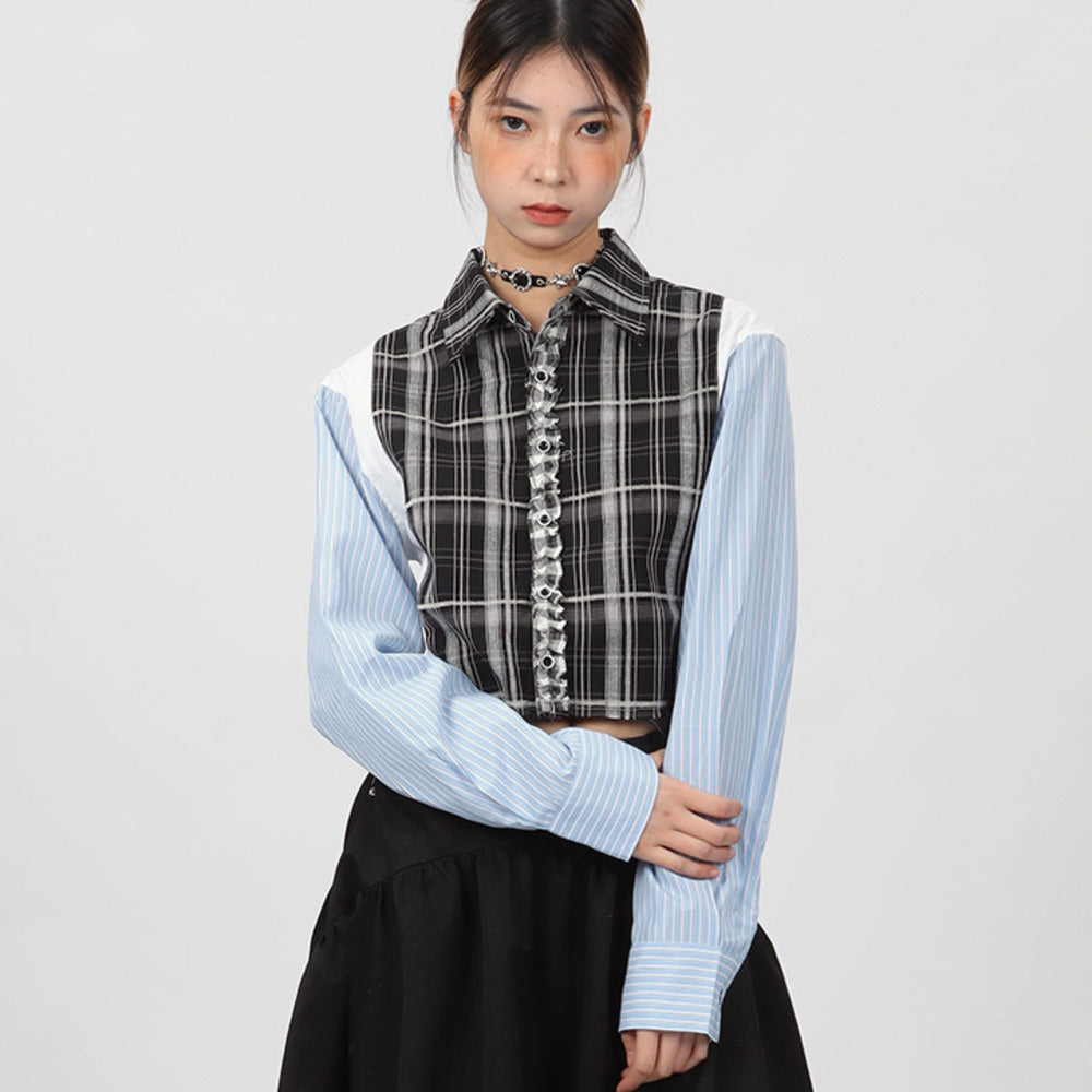 超短款拼接條紋襯衫女小眾設計款春秋長袖外套別致上衣