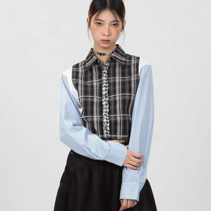 超短款拼接條紋襯衫女小眾設計款春秋長袖外套別致上衣