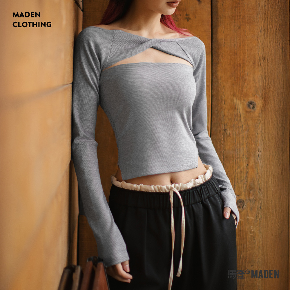 格雷系一字領鏤空長袖T恤辣妹掛脖扭結DIY坎肩百變露肩上衣女