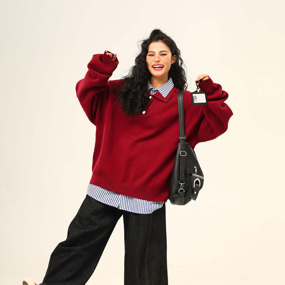美式復古高級感假兩件翻領學院風毛衣女秋冬百搭針織衫