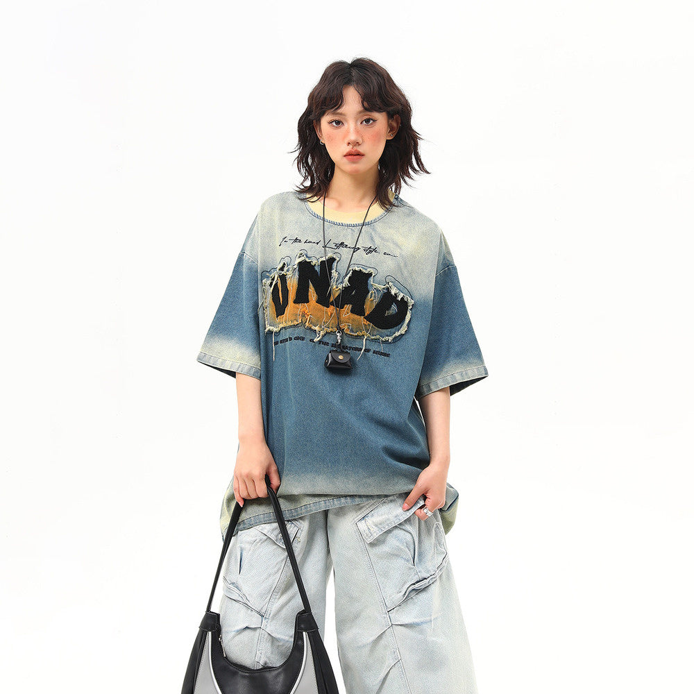 美式復古水洗設計感刺繡牛仔短袖女夏季高級感T恤