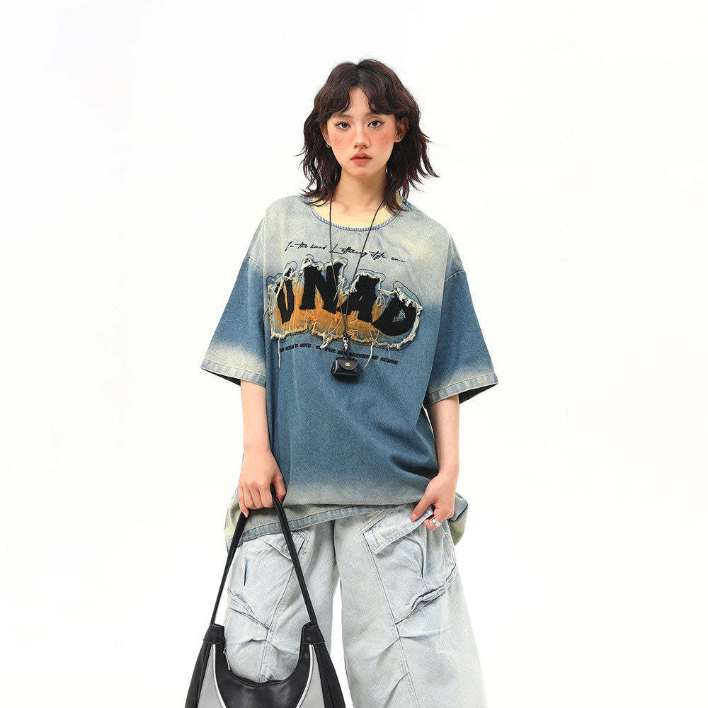 美式復古水洗設計感刺繡牛仔短袖女夏季高級感T恤