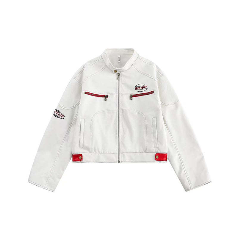 美式高街短款pu皮衣夾克女秋立領機車風運動休閒潮牌外套