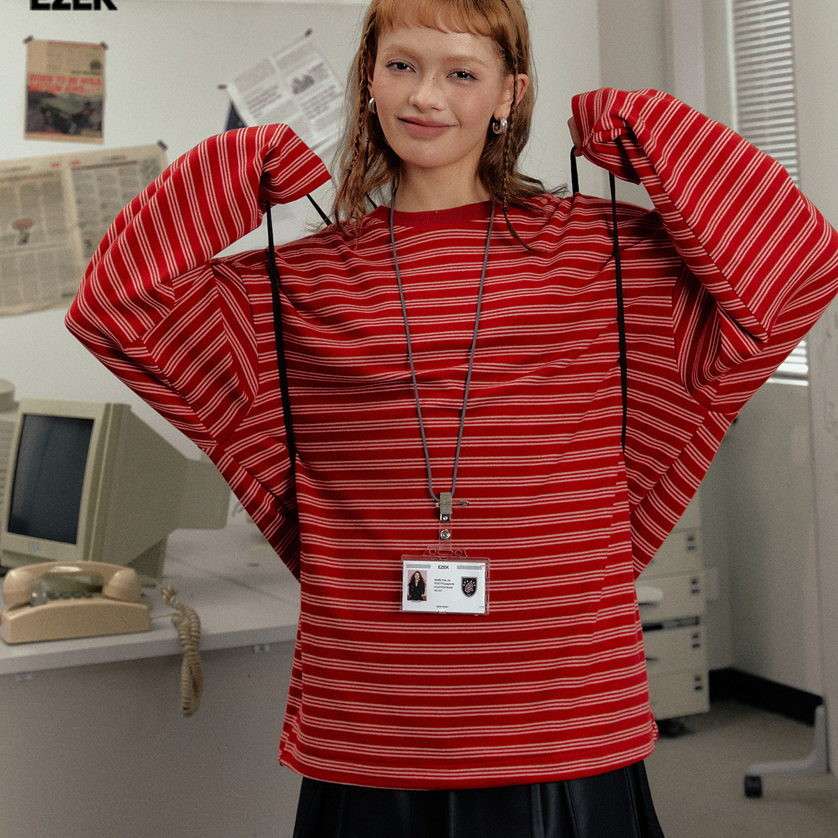 美式復古寬鬆長袖T恤圓領打底衫女春秋內搭紅色條紋上衣