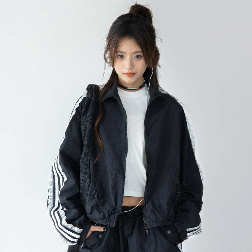 休閒運動套裝女chic條紋拼接蕾絲邊外套小個子韓系寬鬆慵懶半身裙