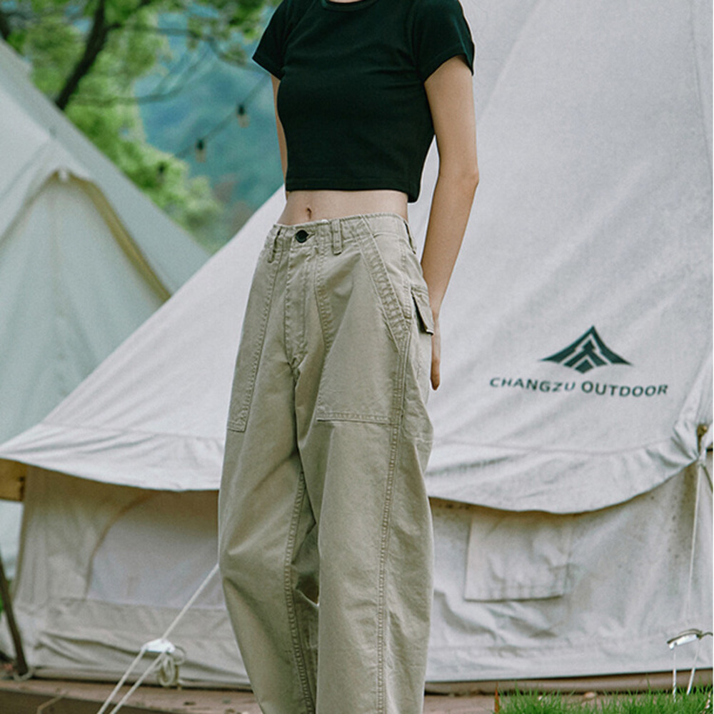 美式復古卡其色直筒工裝褲女百搭休閒褲寬鬆水洗闊腳褲