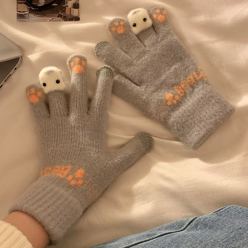 可愛毛絨針織五指手套女士冬季保暖加厚學生觸屏騎車冬天防寒防風